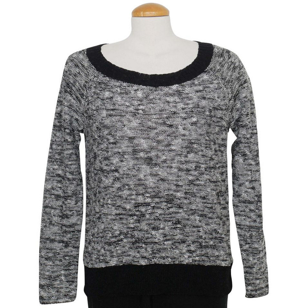 Black Melange Linen Twist Boat Neck Sweater Xs
